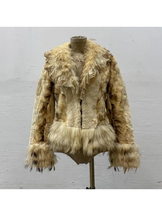 Jackets & Blazers - Vintage Y2K Lace and Raccoon Rabbit Calfskin Fur Jacket Burnt Cream